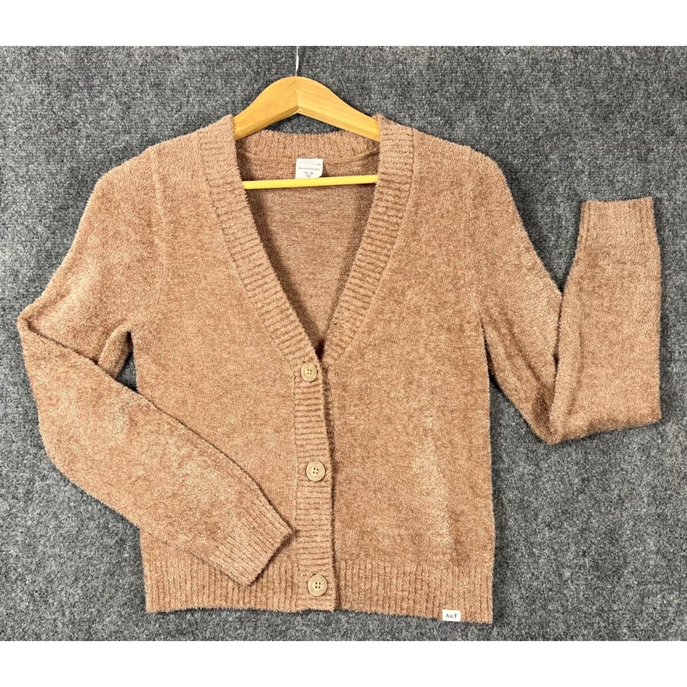 Abercrombie Kids Fuzzy Eyelash Knit Cardigan Sweater Tan Brown V-Neck Size 15/16